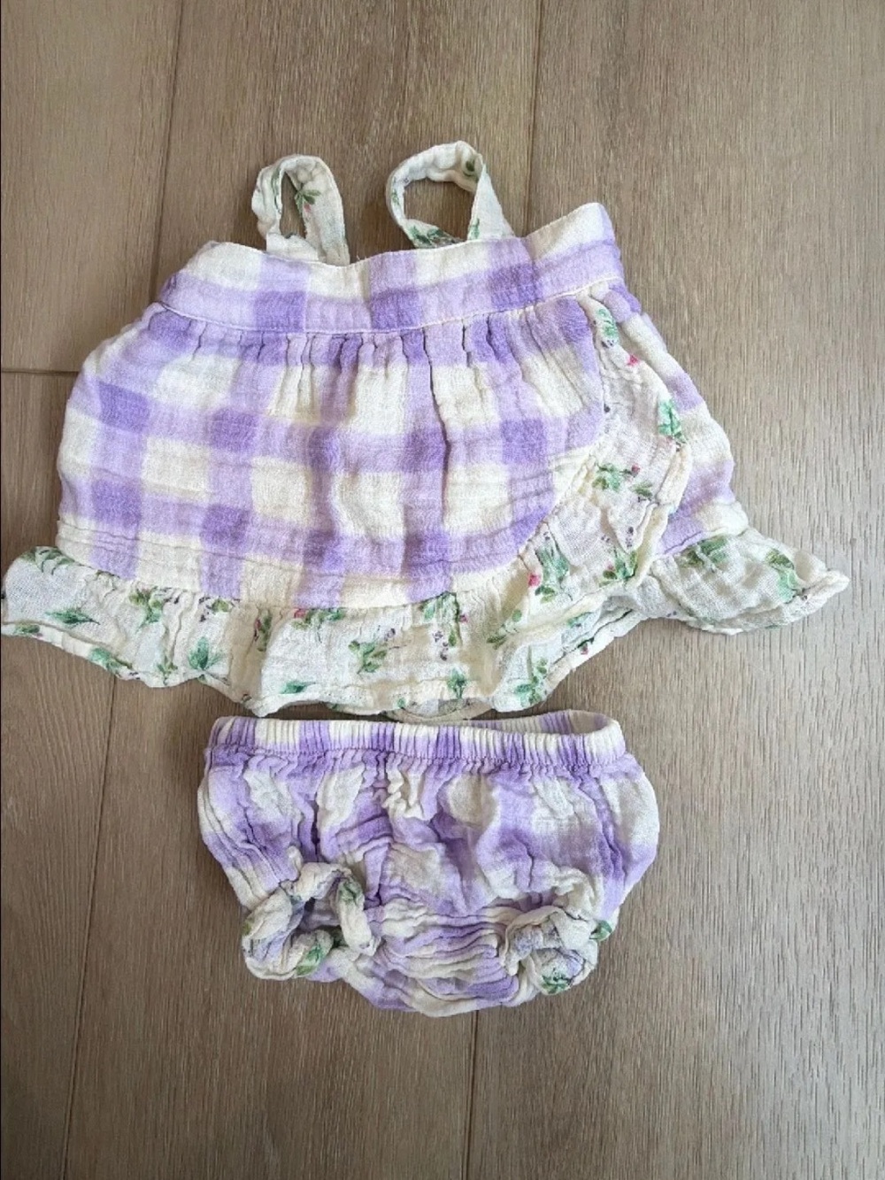 Angel Dear Lilac Plaid Dress with Floral Trim & Matching Diaper Cover